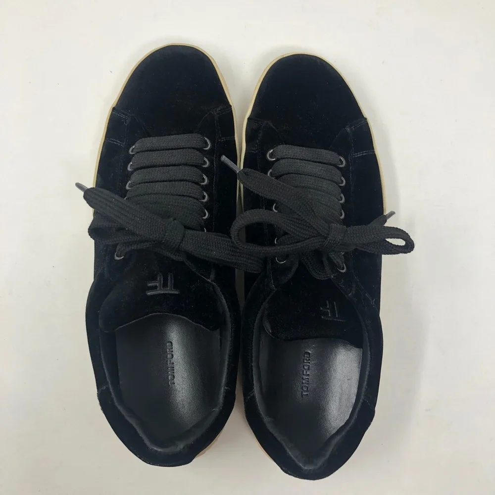 Tom‎ Ford Velvet Sneakers Mens 8 Black Low Top J0874T Made in Italy